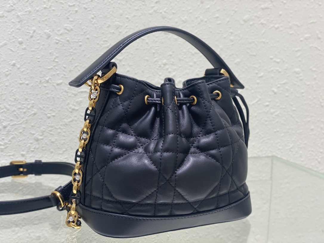 Small Dior Jolie Bucket Bag Black Macrocannage Lambskin and Calfskin